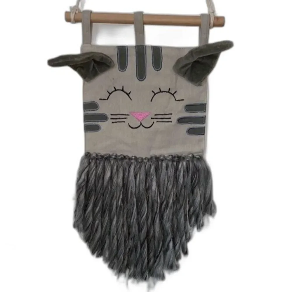 CAT Wall Hanging Textured Animal Natural Room Decor Gray Kitten Wall Art boho